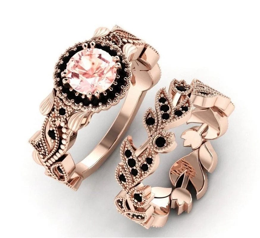 Showlu Rose Gold Black Zircon Flower Vine Wedding Ring Set with champagne stones, vintage design, 2-piece elegant jewelry set