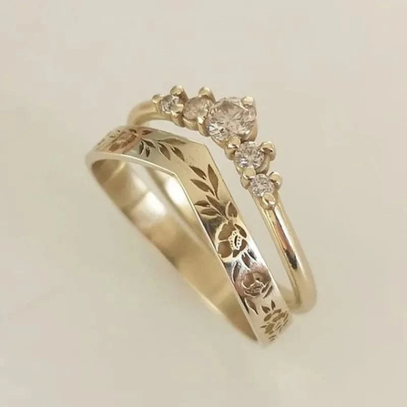 Showlu Rose Gold Black Zircon Flower Vine Wedding Ring Set with champagne stones, vintage floral design, 2-piece jewelry set.