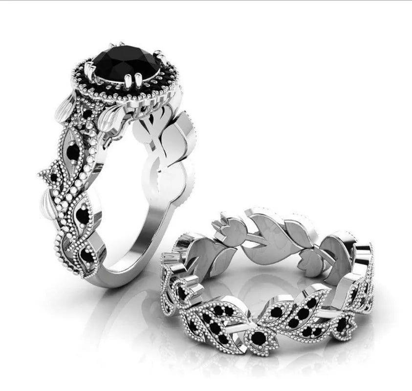 Showlu Rose Gold Black Zircon Flower Vine Wedding Ring Set with champagne stones, vintage floral design, 2-piece jewelry set