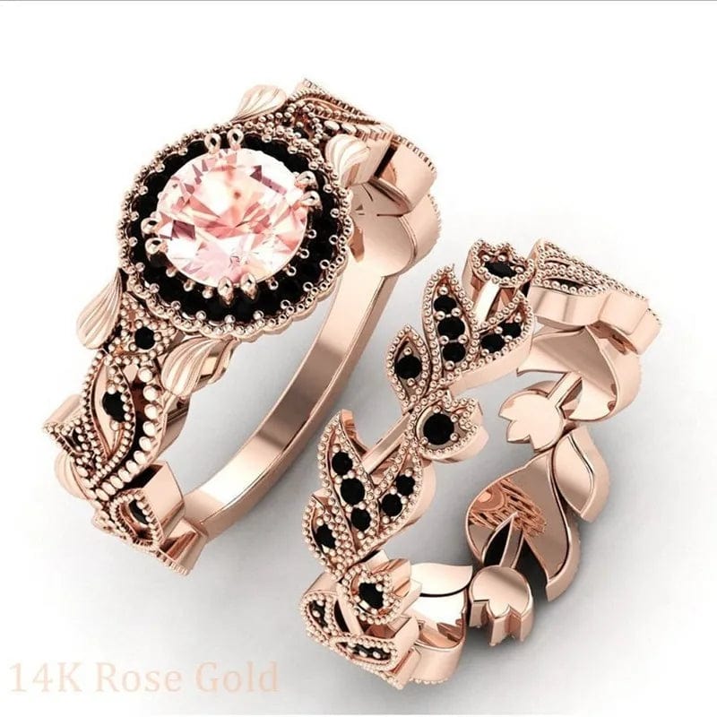 Rose gold wedding ring set with black zircon flower vine design and champagne stones, 2-piece vintage jewelry by Showlu Fashion.