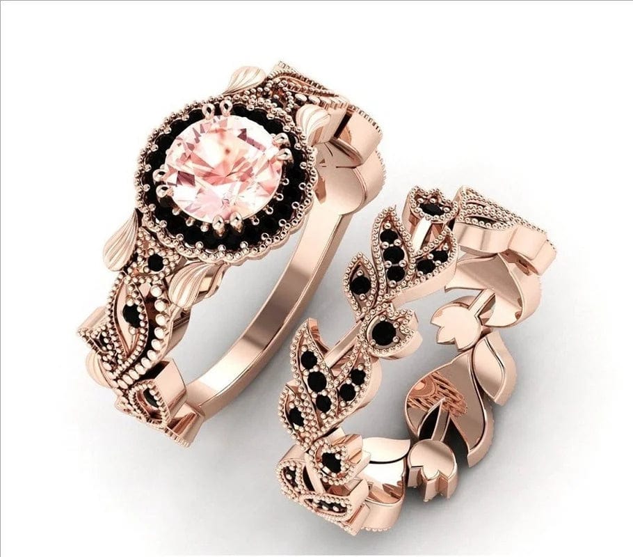 Showlu Rose Gold Black Zircon Flower Vine Wedding Ring Set with champagne stones, vintage floral design, 2-piece jewelry set