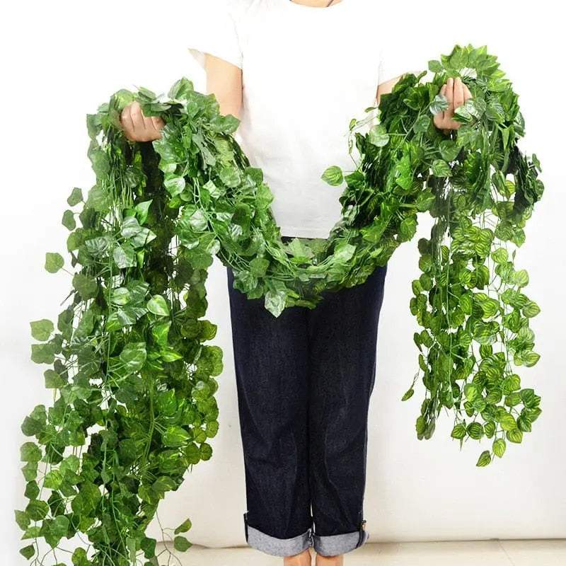 Showlu Fashion Store 2.1M artificial ivy leaf garland, green silk hanging vine for wall décor, weddings, and garden decoration.