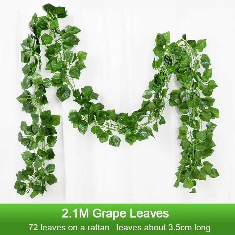 Artificial green ivy leaf garland, 2.1 meters long, silk hanging vine for home, garden, wedding, or party decoration.