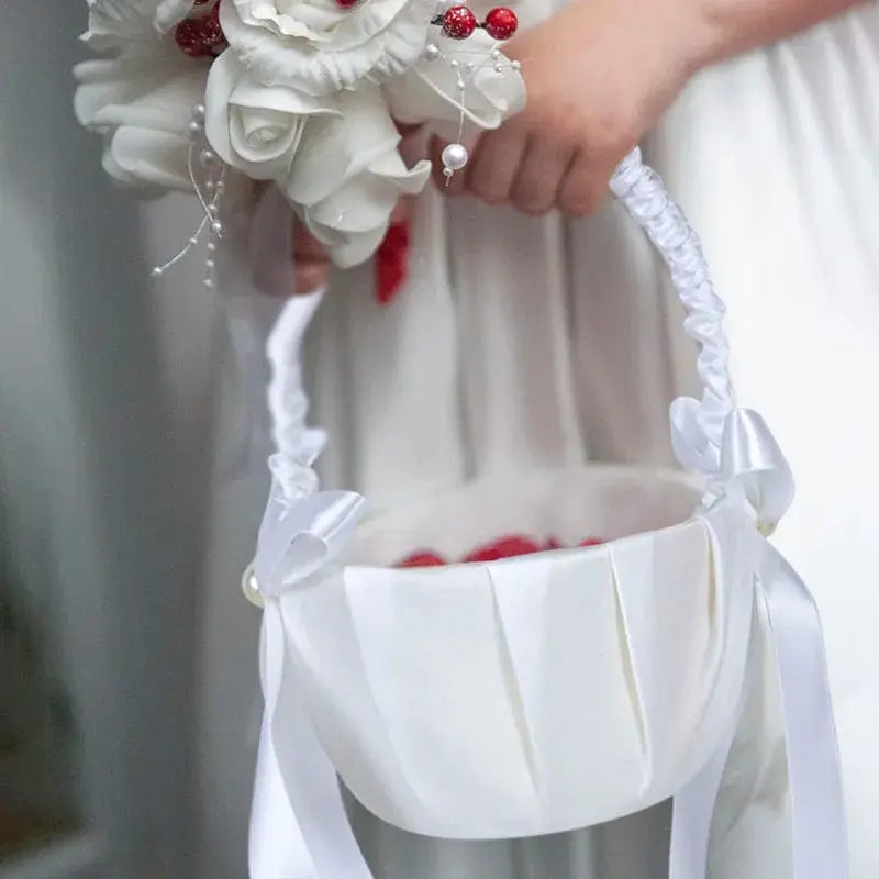 White silk flower girl basket, 20cm, for wedding ceremony decor, held by a young girl, decorative and elegant wedding accessory.