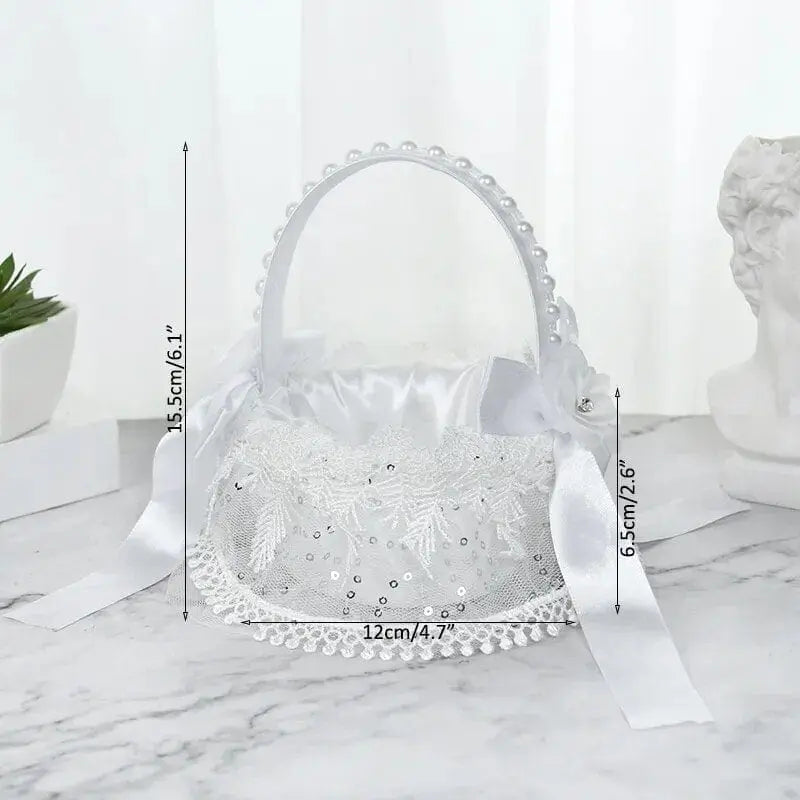 White silk flower girl basket by YONGSNOW, 20cm, used for wedding ceremony decor, held by flower girls or kids during the event.
