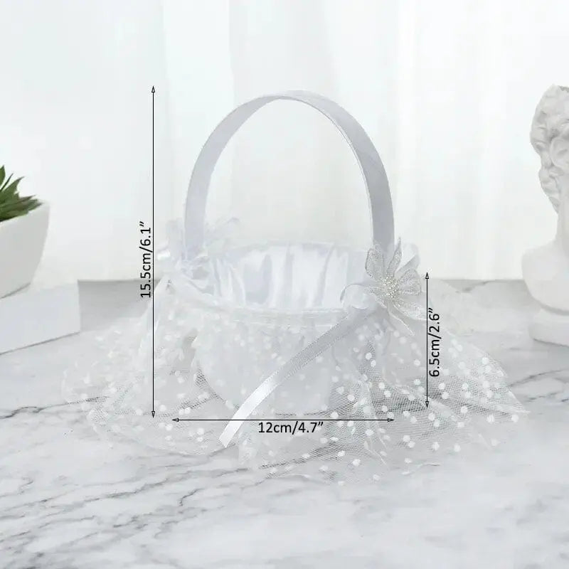 White silk flower girl basket from Showlu Fashion Store, 20cm decorative basket for wedding ceremony and wedding party decor.