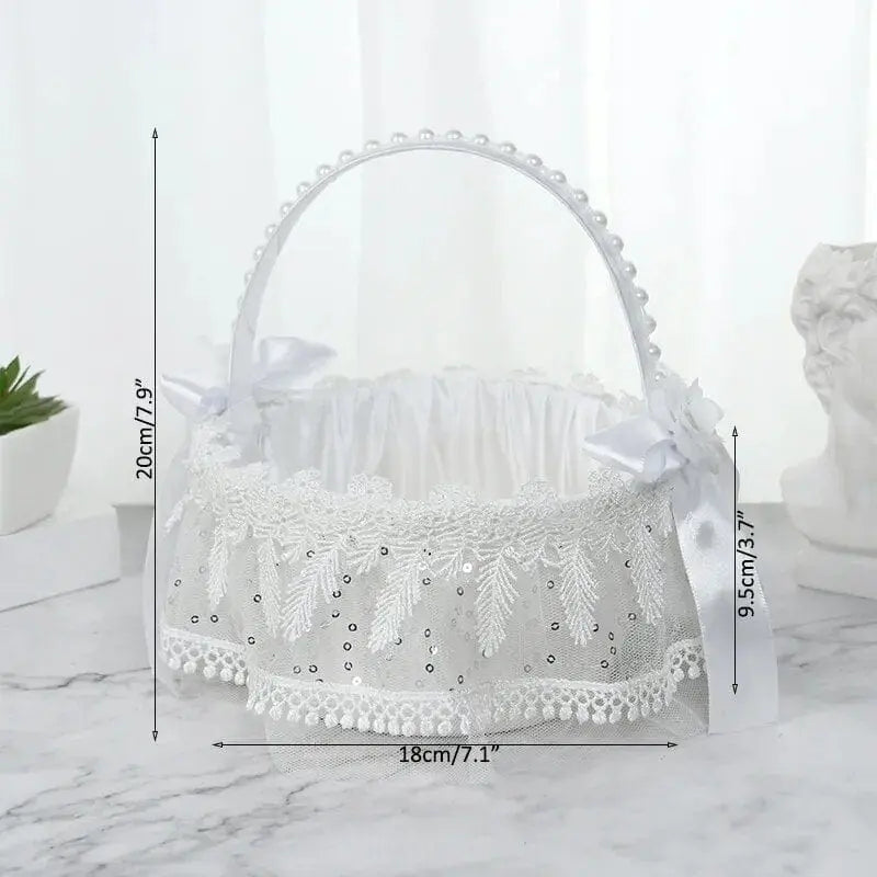 White silk flower girl basket by YONGSNOW, 20cm, perfect for wedding ceremony decor, held by kids or flower girls.