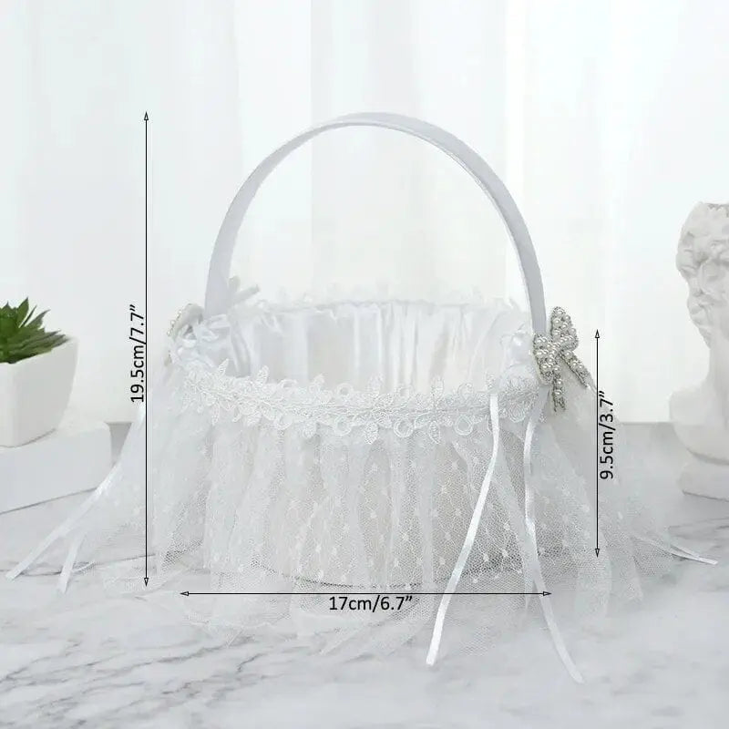 White silk flower girl basket, 20cm size, perfect for wedding ceremony decor, held by a flower girl, elegant and charming.