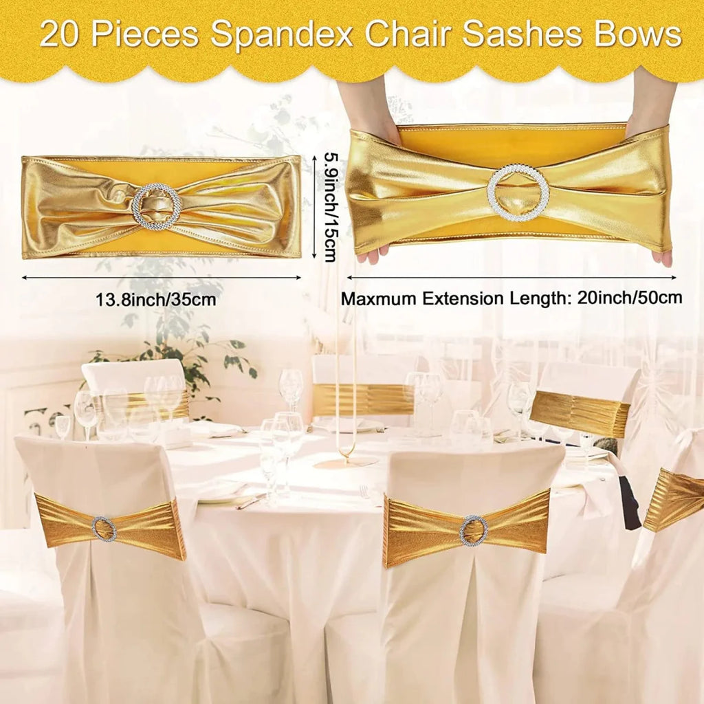 Set of 20 metallic gold spandex chair sashes with buckles for wedding, banquet, and event chair decorations by Showlu Fashion Store.