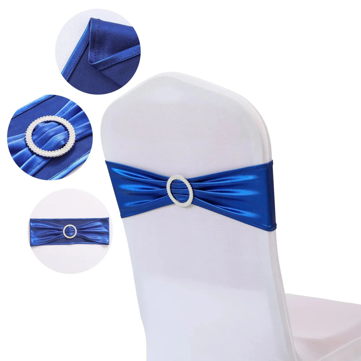 Set of 20 metallic gold spandex chair sashes with buckles for wedding and event decor, shown on banquet chairs.