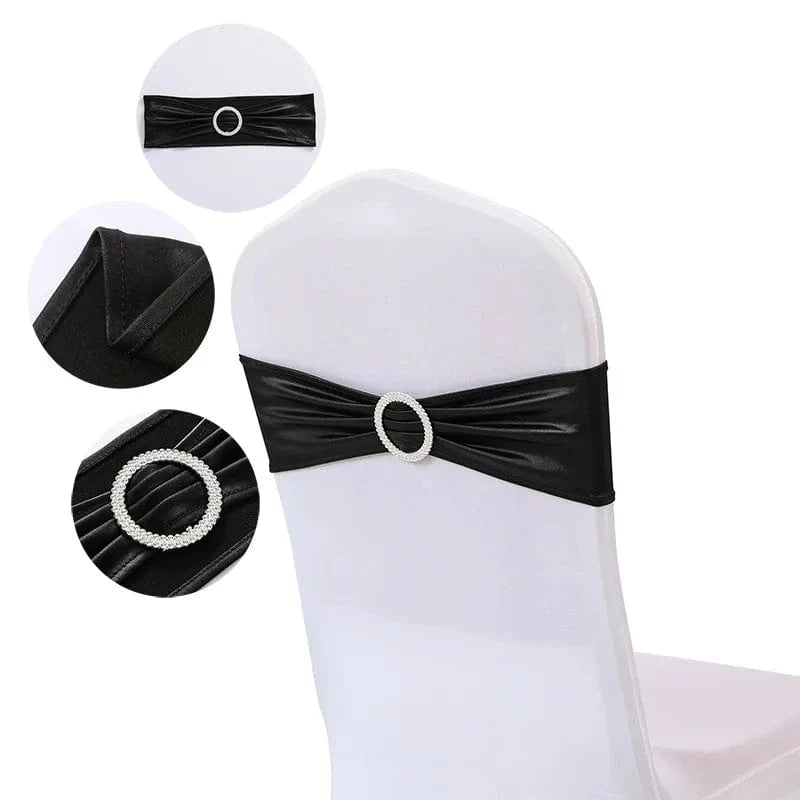 Set of 20 metallic gold spandex chair sashes with buckles, perfect for wedding, hotel, or banquet chair decorations.