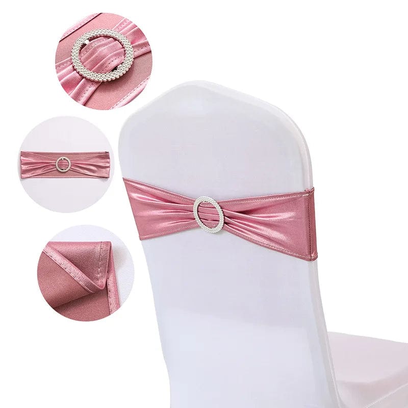 Set of 20 metallic gold spandex chair sashes with buckles for wedding and event decor, featuring a shiny stretch fabric by Showlu Fashion.