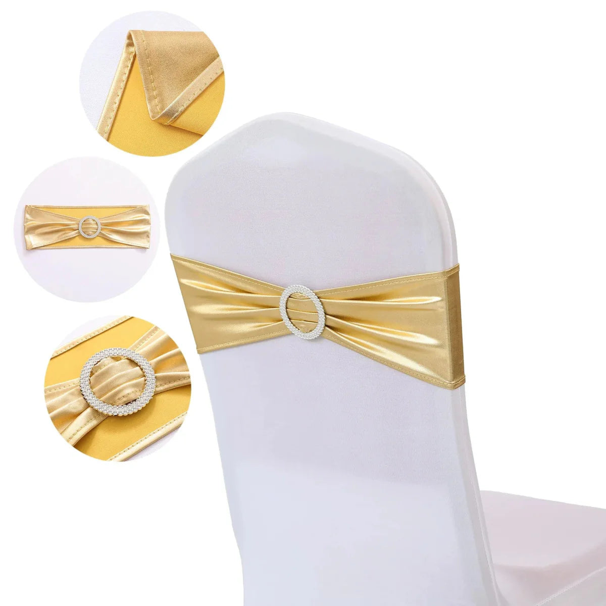 Set of 20 metallic gold spandex chair sashes with buckles from Showlu Fashion Store, perfect for wedding and event chair decorations.