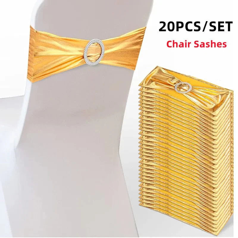 Set of 20 metallic gold spandex chair sashes with buckles, designed for elegant wedding, banquet, and event chair decorations.