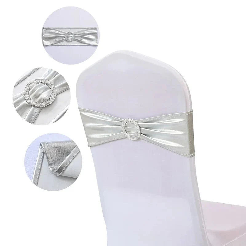Set of 20 metallic gold spandex chair sashes with buckles, perfect for wedding and banquet chair decorations, by Showlu Fashion.