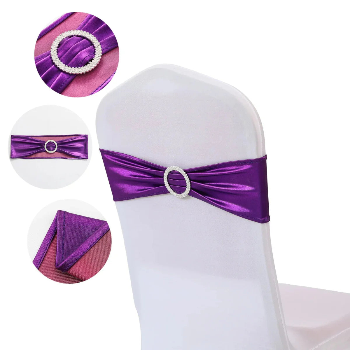 Set of 20 metallic gold spandex chair sashes with buckles from Showlu Fashion Store, ideal for wedding and event chair decorations.