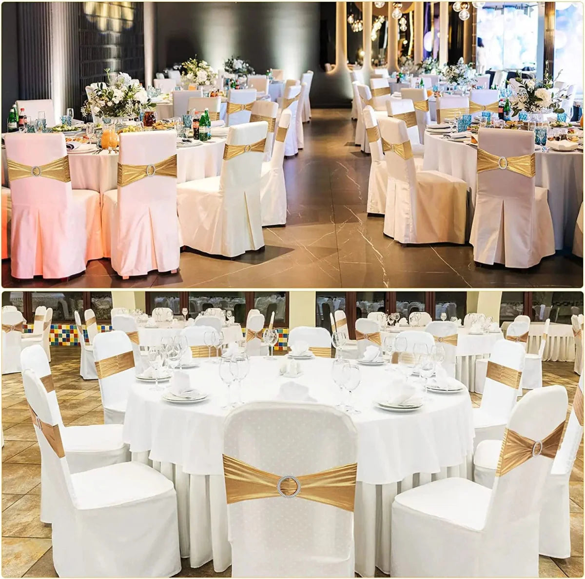 Set of 20 metallic gold spandex chair sashes with buckles from Showlu Fashion Store, perfect for wedding and banquet chair decorations.