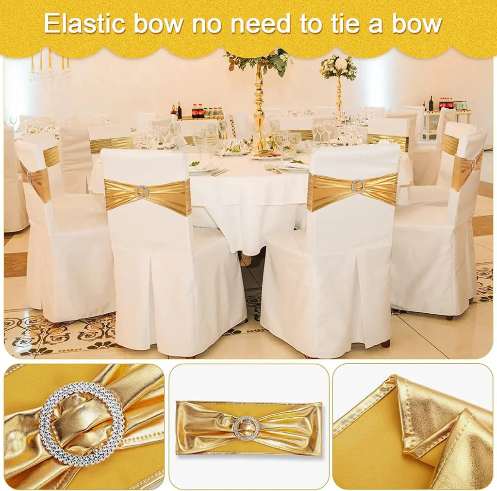 Set of 20 metallic gold Magzasi spandex chair sashes with buckles, used for wedding and event chair decoration.