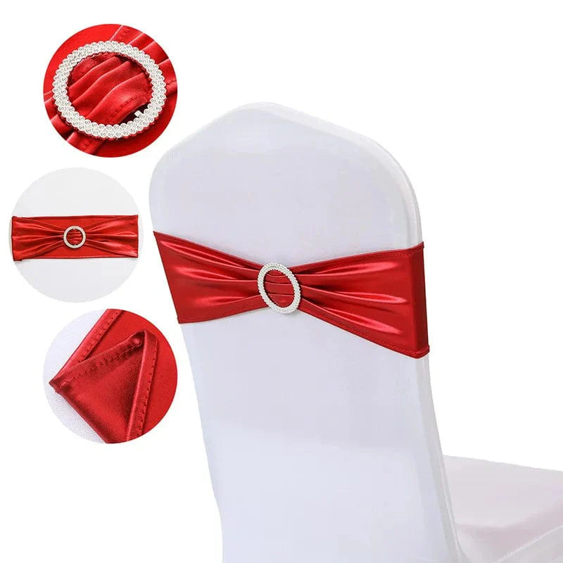 Set of 20 metallic gold spandex chair sashes with buckles from Showlu Fashion Store, ideal for wedding and banquet chair decorations.