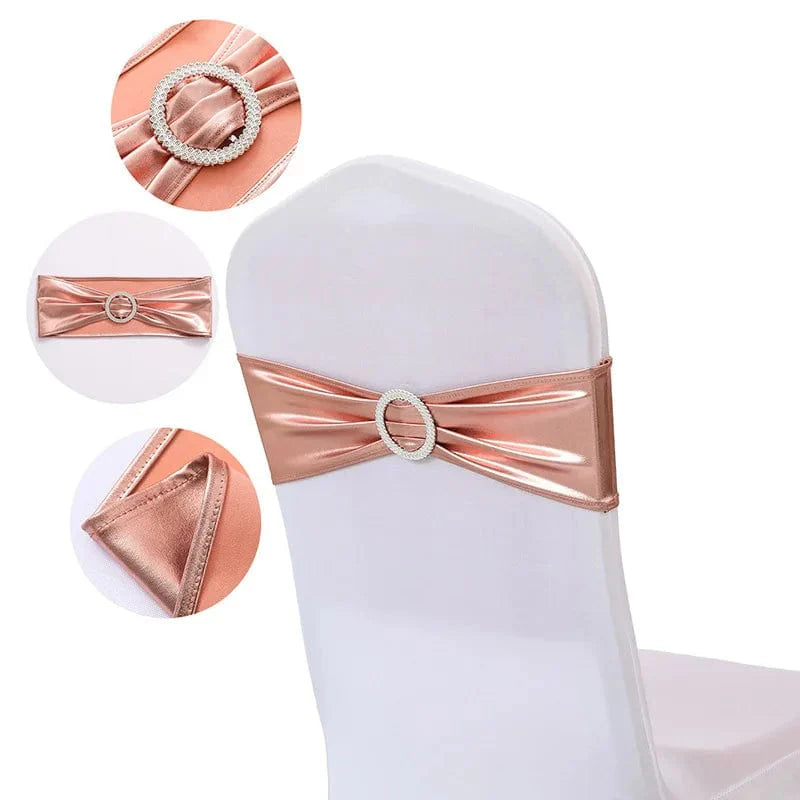 Set of 20 metallic gold spandex chair sashes with buckles for wedding and event decor, featuring stretch fabric and elegant design.