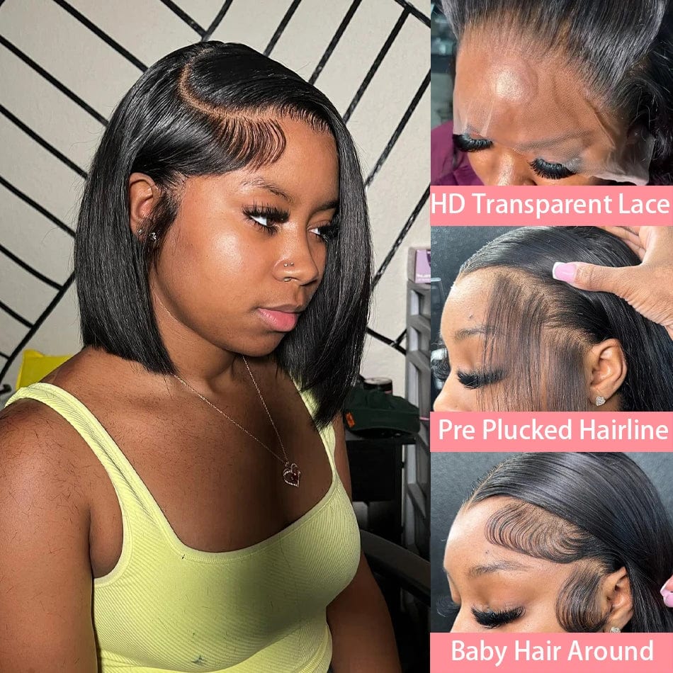 SHOWLU Straight Short Bob Wig with 13x4 lace front, 200-density 100% human hair for black women, 12-14 inch length.