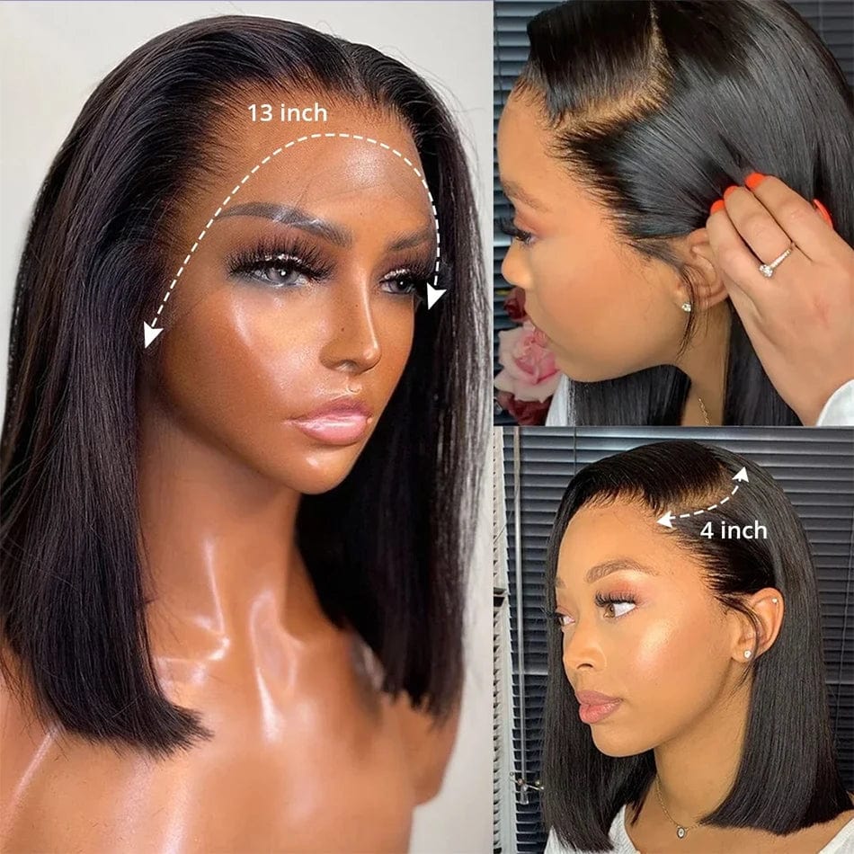 SHOWLU Straight Short Bob Wig with 13x4 lace front, 200-density 100% human hair, suitable for black women, 12-14 inches.