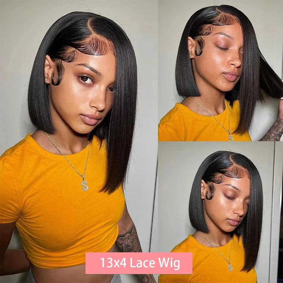 SHOWLU straight short bob wig with 13x4 lace front, 100% human hair, 200 density, for black women, 12-14 inch length.