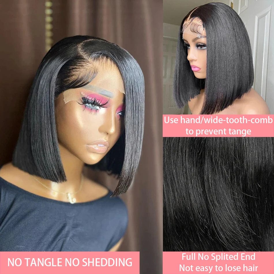 SHOWLU Straight Short Bob Wig with 13x4 lace front, 200-density 100% human hair, designed for black women, 12-14 inch length.