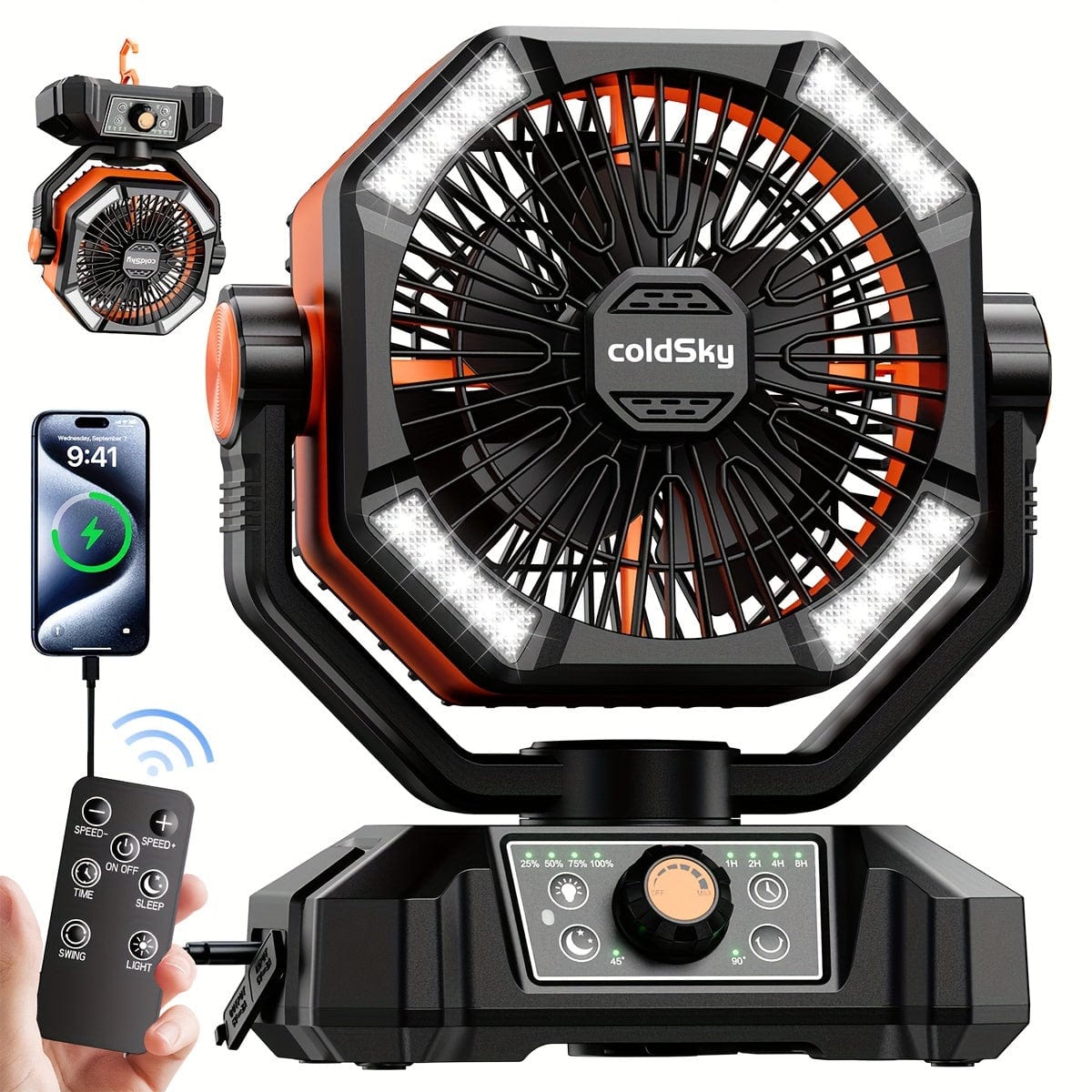 ColdSky 20000mAh camping fan with dual motors, 8-speed settings, LED lanterns, remote control, and portable hook for outdoor use.