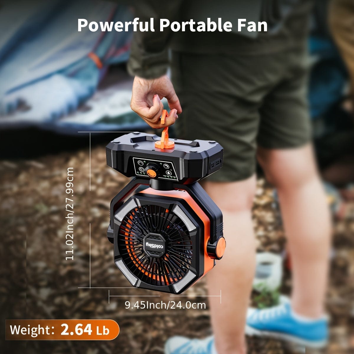 ColdSky 20000mAh camping fan with dual motors, 8 speeds, LED lanterns, remote, and hook for outdoor tent use.