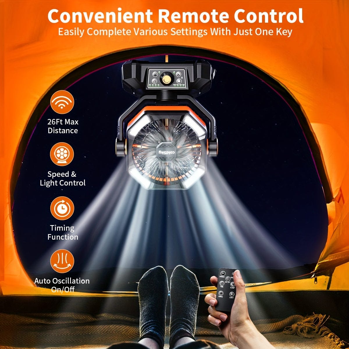 ColdSky 20000mAh camping fan with dual motors, 8-speed settings, LED lanterns, remote control, and hook for outdoor camping.