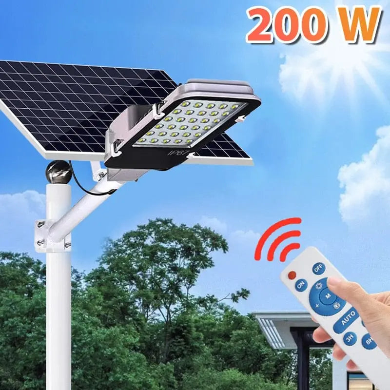 200W YQCHEZI solar street light with IP67 waterproof aluminum body and LED flood lamp for outdoor security and floodlighting.