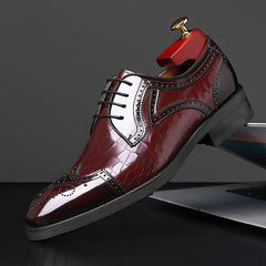 [Wedding Ready, Luxury Appearance] Breathable Men's Fashion Brogue Oxfords - Square Toe, Glossy Red Finish, Intricate Wingtip Design, Versatile Dress Shoes for Business, Weddings, and Casual Wear