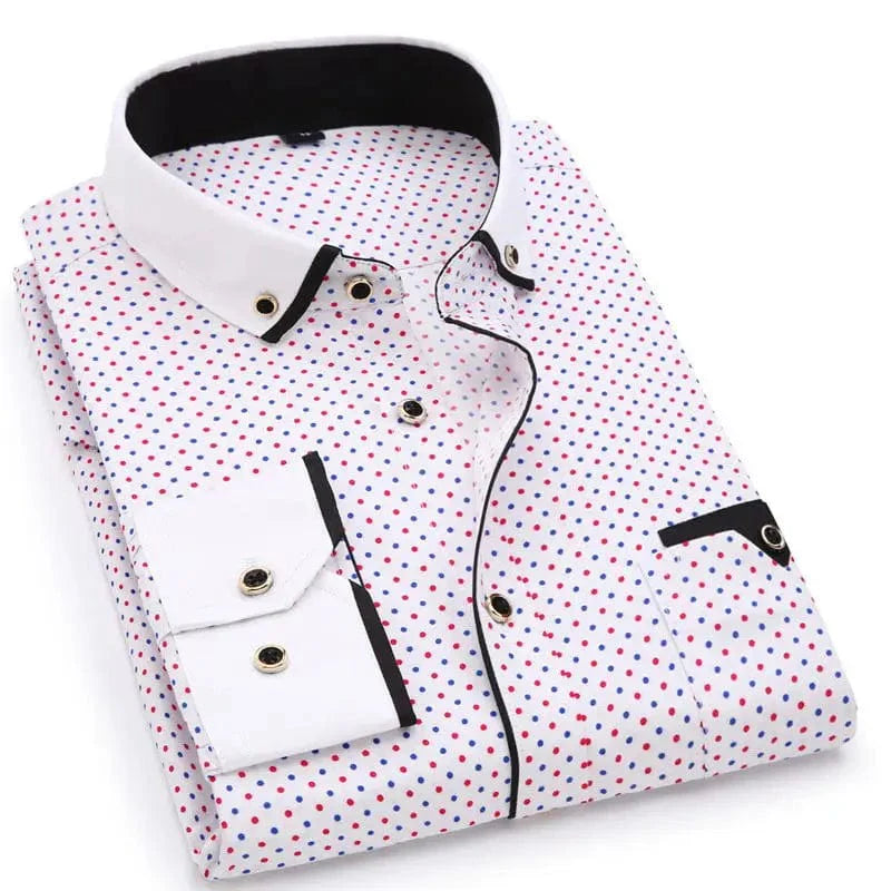 SHOWLU Men's slim fit polka dot dress shirt with long sleeves, cotton fabric, ideal for casual and business wear.