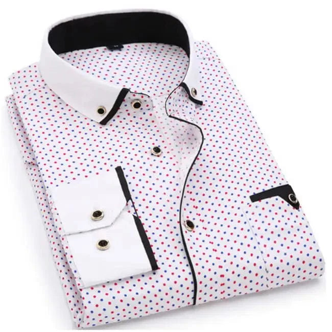 Slim fit SHOWLU men's polka dot dress shirt with long sleeves, cotton fabric, ideal for casual or business attire.