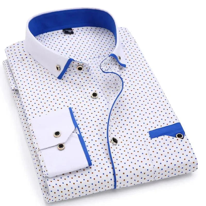 SHOWLU Men's slim fit polka dot dress shirt with long sleeves, cotton fabric, suitable for casual or business wear.