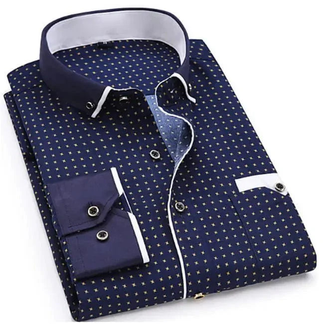 SHOWLU Men's slim fit polka dot dress shirt, long sleeve cotton top, casual and business wear with a stylish printed design