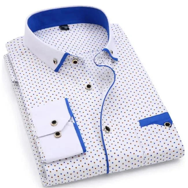 SHOWLU Men's slim fit polka dot dress shirt with long sleeves, made of soft cotton, suitable for casual and business wear.