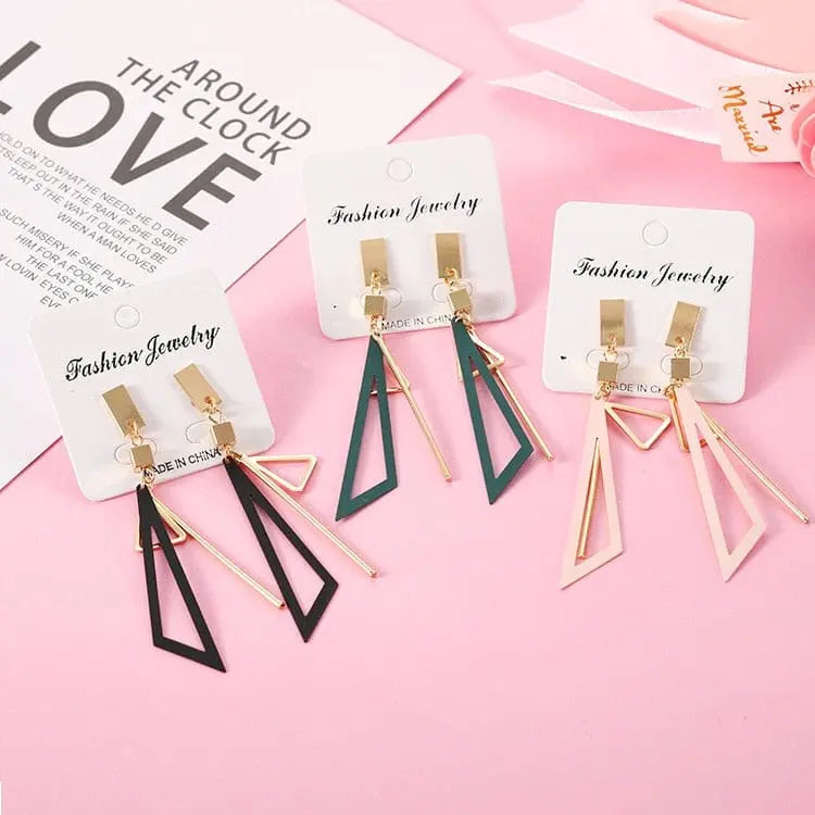 Showlu Korean geometric triangle tassel dangle earrings for women with long statement design and stylish jewelry detailing.