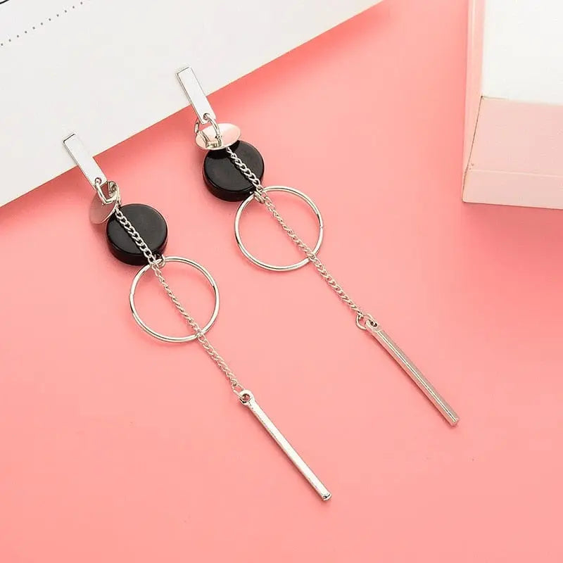 Showlu Korean geometric triangle tassel drop earrings for women, featuring long dangle design with stylish jewelry accents.