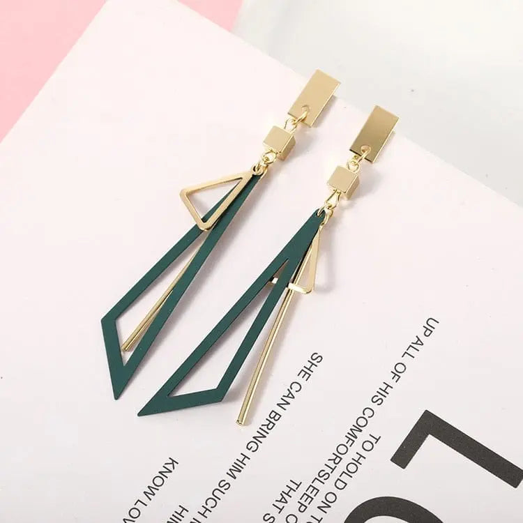 Showlu Korean geometric triangle tassel dangle earrings for women, featuring long statement design with elegant jewelry details