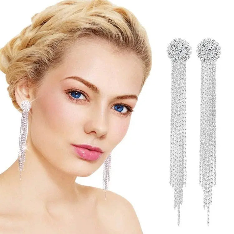 Showlu Korean geometric triangle tassel dangle earrings for women, featuring sleek triangle design with long tassels and gold-tone finish.
