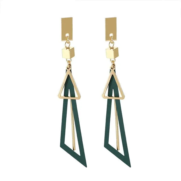 Showlu Korean geometric triangle tassel dangle earrings for women, featuring long statement design with tassel accents.