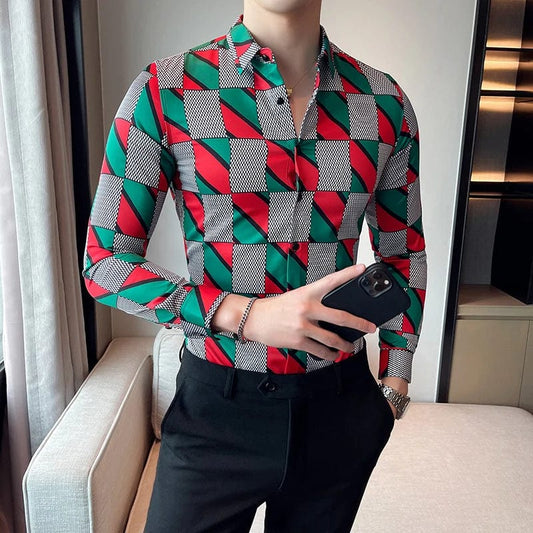 2021 Mens Plaid Printed Long Sleeve Shirt New Fashion Slim Social Formal Dress Shirts High Quality Men Club Party Dress Clothing - SHOWLU FASHION STORE