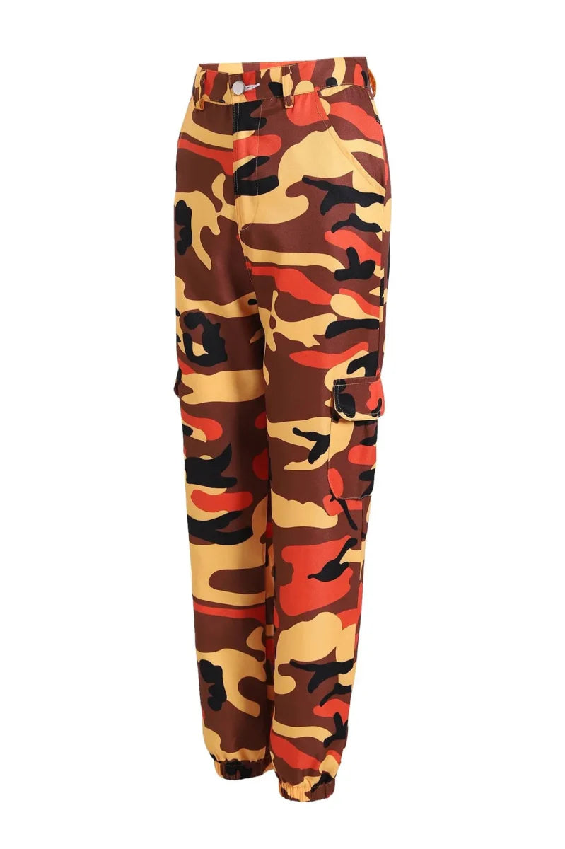 Showlu Women's Camo Cargo Pants with high waist, military-style camouflage design, multiple color options, and relaxed fit.