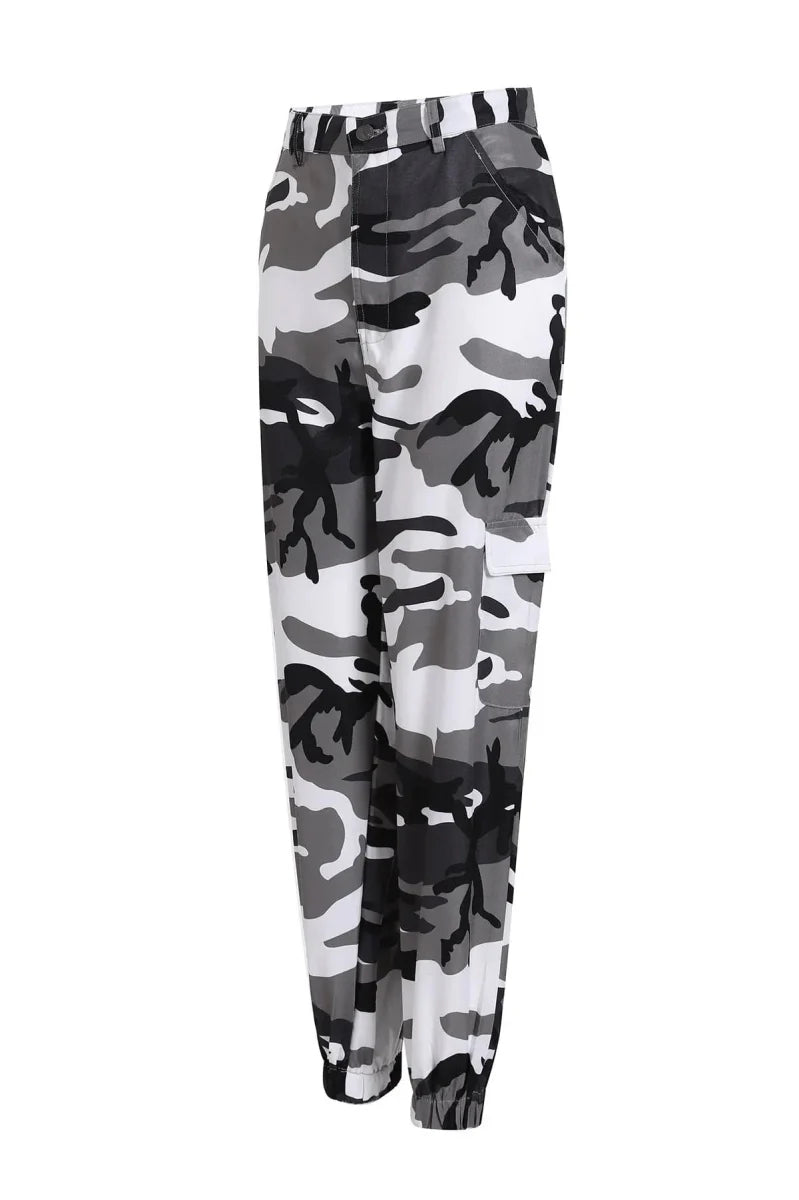 Showlu Women's Camo Cargo Pants in high waist military style with multiple camouflage colors, featuring pockets and a relaxed fit.