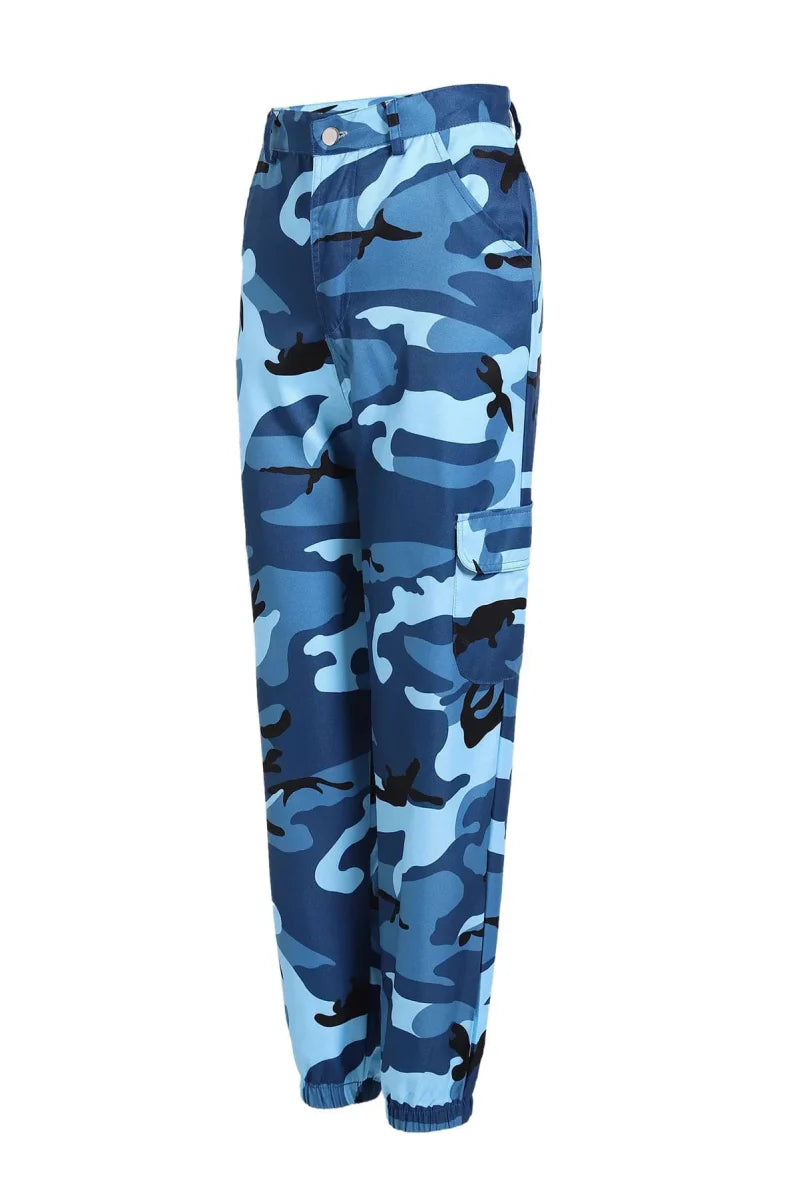 Showlu Women's camo cargo pants with high waist, military style, featuring multiple camouflage colors and functional hip pockets.