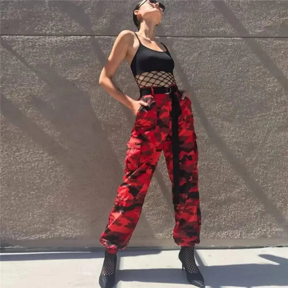 Showlu Women's Camo Cargo Pants in high waist military style with multiple camo colors, featuring large side pockets and a relaxed fit.
