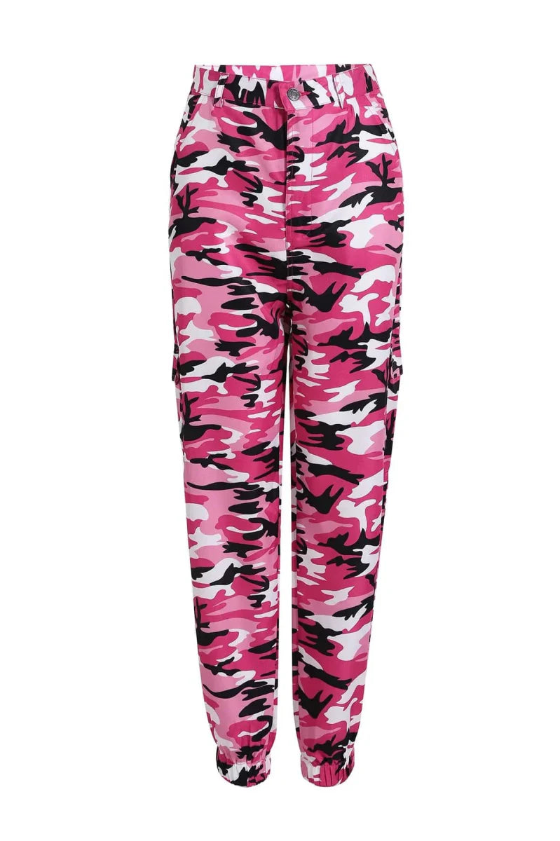Showlu Women's high waist camo cargo pants with military-inspired design and multiple color options, casual and hip-hop style.