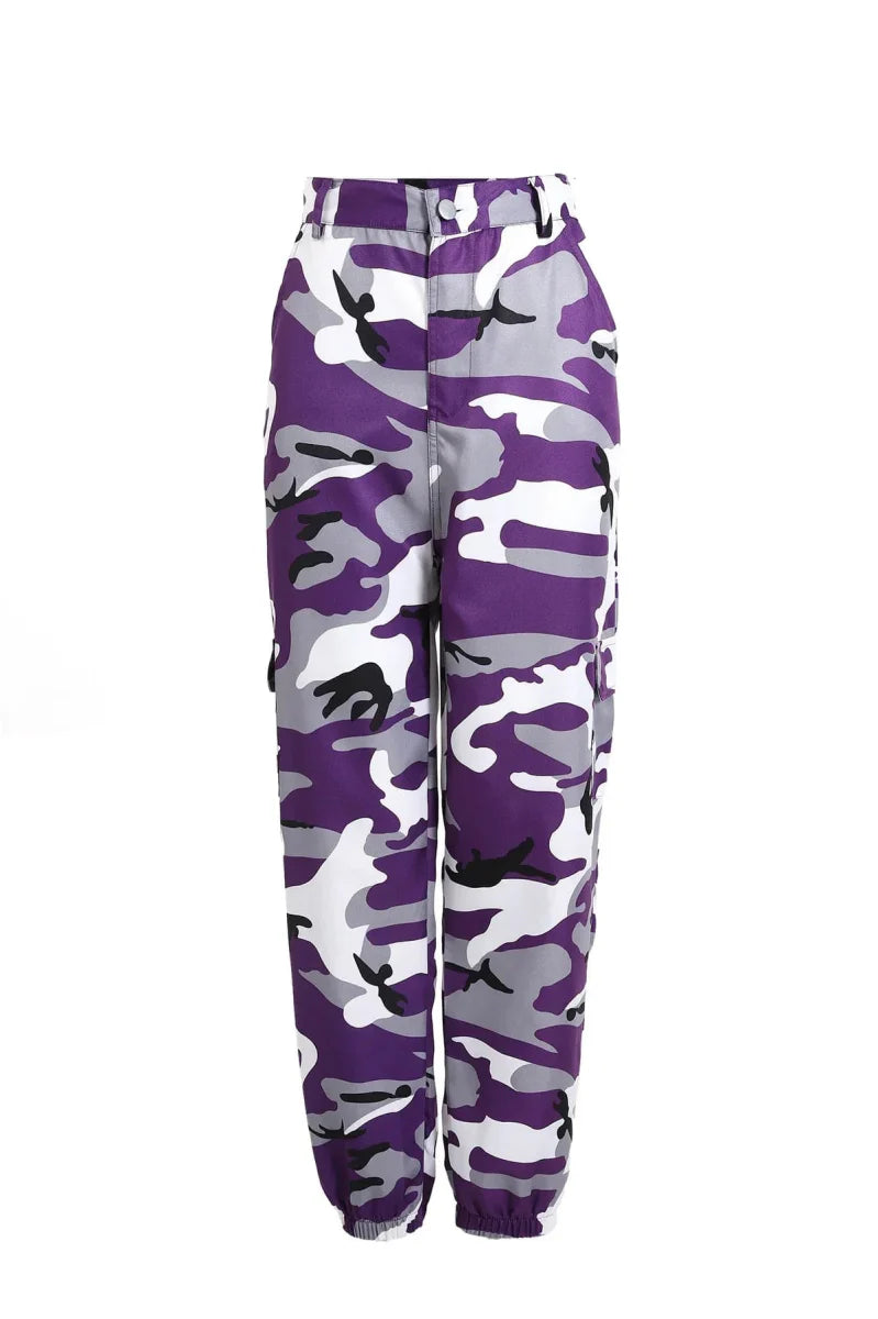 Showlu Women's Camo Cargo Pants in high waist military style with multiple color options, featuring a relaxed fit and cargo pockets.
